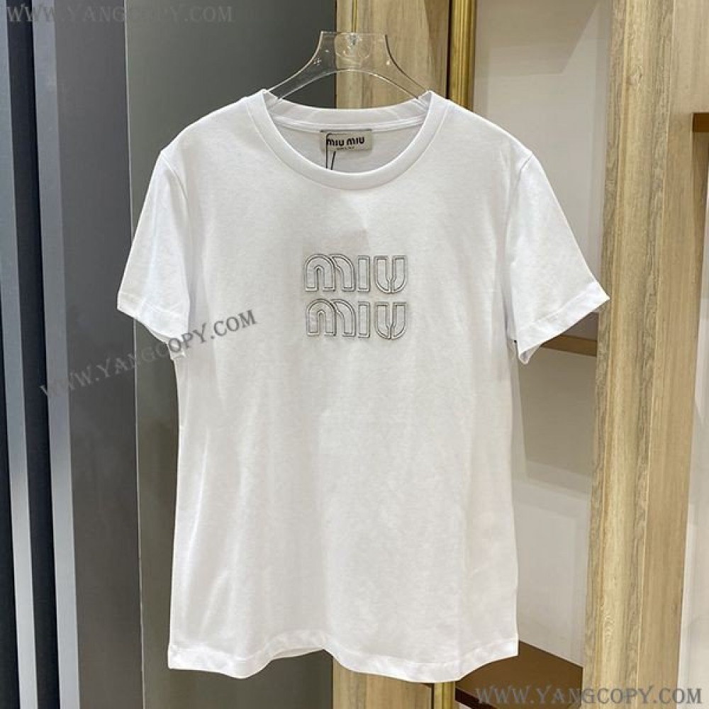 ミュウミュウ スーパーコピー エンブロイダリーコットンTシャツ myp92940