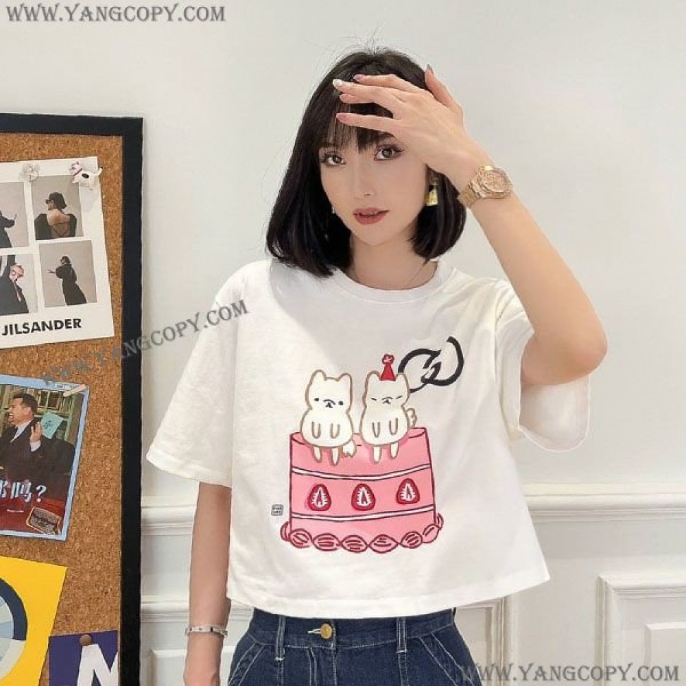 グッチ 偽物 Kawaii クロップド コットンジャージー Tシャツ プリント 717684XJFBL9095