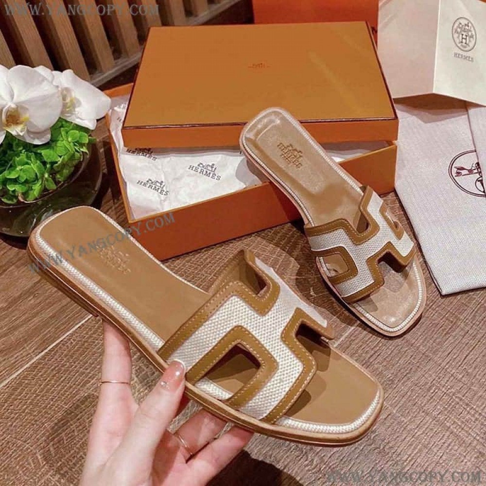 エルメス スーパーコピー Oran sandal オラン レザー＆キャンバス サンダル eru08562