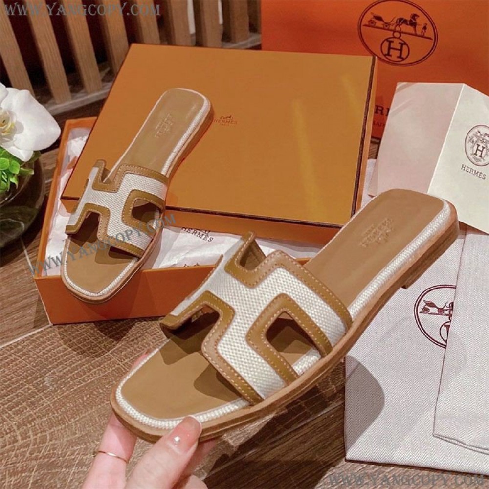 エルメス スーパーコピー Oran sandal オラン レザー＆キャンバス サンダル eru08562